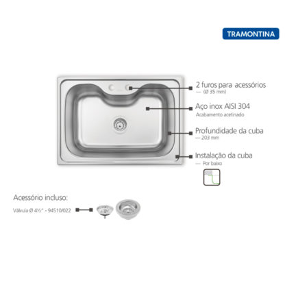 Itens da Medidas da Cuba de Inox Morgana 69X49 60Fx Undermount com válvula aplicada